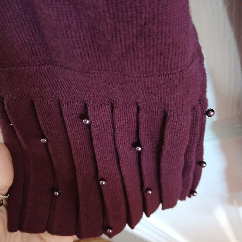Chicos Eggplant Purple Open Front Pleated Faux Pearl Long Duster Cardigan Casual - Picture 3 of 8